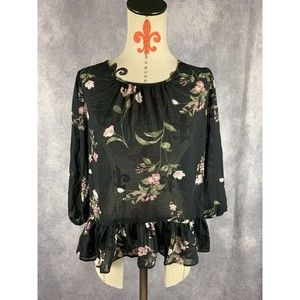 Jolt Blouse Women's M Black Floral 3/4 Balloon Sleeve Ruffles Semi Sheer Back Bu